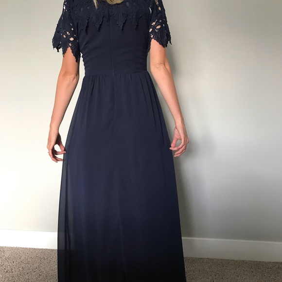Navy Blue Formal Chiffon Gown with Lace Sleeves - Picture 6 of 6